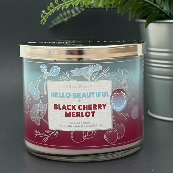 BBW Hello Beautiful + Black Cherry Merlot Bath & Body Works 3 Wick Candle - Picture 1 of 10